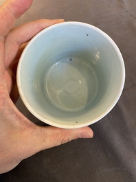 A Chinese blue and white 'landscape' brush pot, probably Kangxi