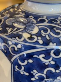 A Chinese blue and white rouleau vase with antiquities, Kangxi