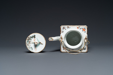 A square Chinese famille rose 'scholars' teapot, signed Jiang Yuqing 蔣玉卿, Tongzhi mark and of the period