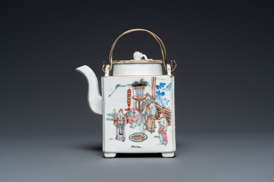 A square Chinese famille rose 'scholars' teapot, signed Jiang Yuqing 蔣玉卿, Tongzhi mark and of the period