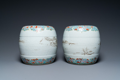 A pair of Chinese famille rose miniature stools with grisaille landscapes, Qianlong/Jiaqing