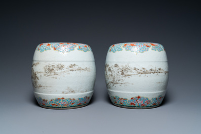 A pair of Chinese famille rose miniature stools with grisaille landscapes, Qianlong/Jiaqing