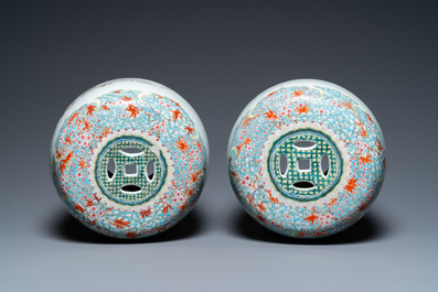 A pair of Chinese famille rose miniature stools with grisaille landscapes, Qianlong/Jiaqing