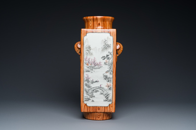 A Chinese grisaille and faux bois 'cong' vase, Qianlong mark, 20th C.