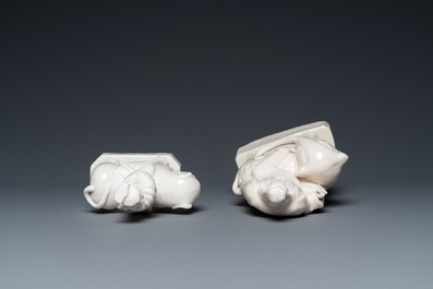 Two Chinese Dehua blanc de Chine sculptures of Guanyin and a Sogdian merchant on an elephant, Kangxi
