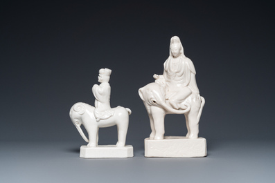 Two Chinese Dehua blanc de Chine sculptures of Guanyin and a Sogdian merchant on an elephant, Kangxi