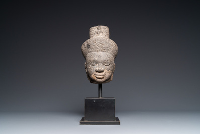 A stone head of Avalokitesvara, Khmer, Cambodia