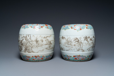 A pair of Chinese famille rose miniature stools with grisaille landscapes, Qianlong/Jiaqing