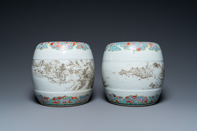 A pair of Chinese famille rose miniature stools with grisaille landscapes, Qianlong/Jiaqing
