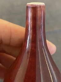 Petit vase de forme bouteille en porcelaine de Chine &agrave; &eacute;mail sang de boeuf, marque de Xuande, Qing