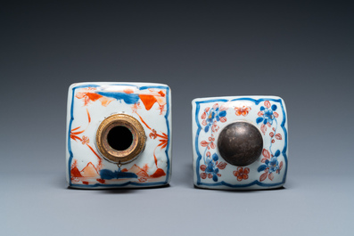 Two Chinese Imari-style square bottles with metal mounts, Kangxi