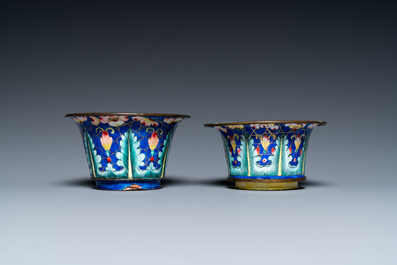Two Chinese Canton enamel blue-ground bowls, Qianlong/Jiaqing