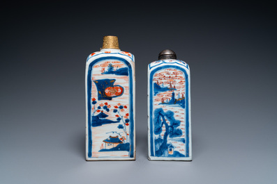 Two Chinese Imari-style square bottles with metal mounts, Kangxi