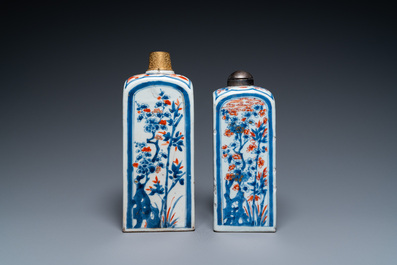 Two Chinese Imari-style square bottles with metal mounts, Kangxi