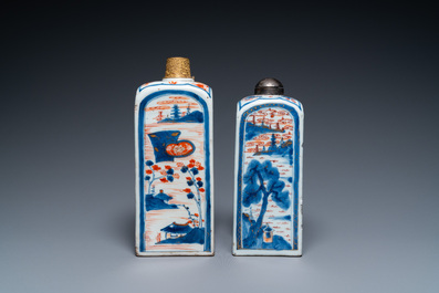 Two Chinese Imari-style square bottles with metal mounts, Kangxi