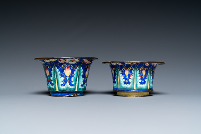 Two Chinese Canton enamel blue-ground bowls, Qianlong/Jiaqing