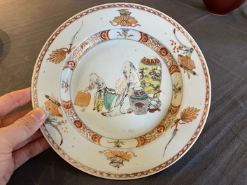 A Chinese famille verte plate with a scholar and his student, Yongzheng