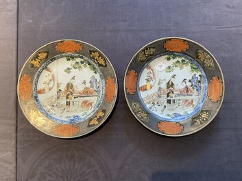 A pair of Chinese famille rose plates with ladies playing music, Yongzheng