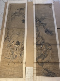 Luo Qing 羅清 (1821-1899): 'Vier scrolls met figuren in berglandschappen', inkt en kleur op papier