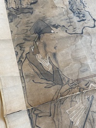 Luo Qing 羅清 (1821-1899): 'Vier scrolls met figuren in berglandschappen', inkt en kleur op papier