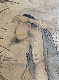 Luo Qing 羅清 (1821-1899): 'Vier scrolls met figuren in berglandschappen', inkt en kleur op papier