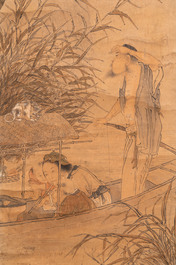 Luo Qing 羅清 (1821-1899): 'Vier scrolls met figuren in berglandschappen', inkt en kleur op papier