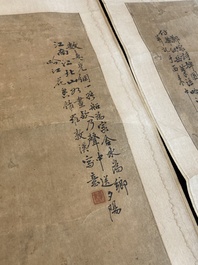 Luo Qing 羅清 (1821-1899): 'Vier scrolls met figuren in berglandschappen', inkt en kleur op papier