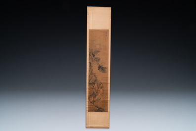 Luo Qing 羅清 (1821-1899): 'Vier scrolls met figuren in berglandschappen', inkt en kleur op papier