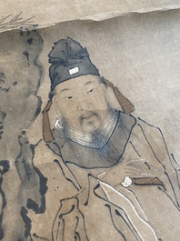 Luo Qing 羅清 (1821-1899): 'Vier scrolls met figuren in berglandschappen', inkt en kleur op papier