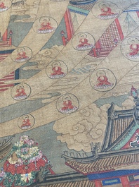 Chinese school: 'The 33-headed Avalokitesvara', ink and colour on silk, 19/20th C.