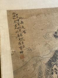 Luo Qing 羅清 (1821-1899): 'Vier scrolls met figuren in berglandschappen', inkt en kleur op papier