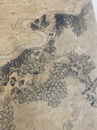 Luo Qing 羅清 (1821-1899): 'Vier scrolls met figuren in berglandschappen', inkt en kleur op papier
