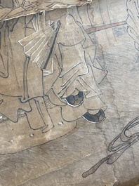 Luo Qing 羅清 (1821-1899): 'Vier scrolls met figuren in berglandschappen', inkt en kleur op papier