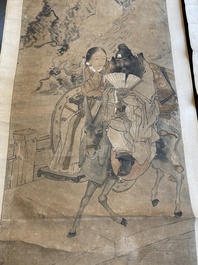 Luo Qing 羅清 (1821-1899): 'Vier scrolls met figuren in berglandschappen', inkt en kleur op papier