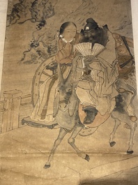 Luo Qing 羅清 (1821-1899): 'Vier scrolls met figuren in berglandschappen', inkt en kleur op papier