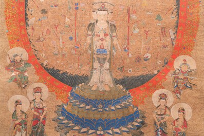 Chinese school: 'The 33-headed Avalokitesvara', ink and colour on silk, 19/20th C.