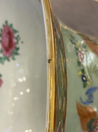 A pair of exceptional Chinese famille rose celadon-ground vases, 19th C.