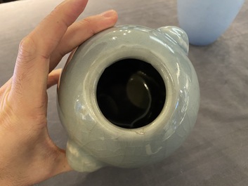 Two Chinese monochrome blue-glazed vases, one with Yongzheng mark, 19/20th C.