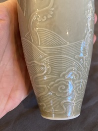 A Chinese celadon-glazed 'sea dragon' vase, Kangxi mark, 19/20th C.