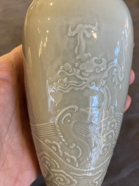 A Chinese celadon-glazed 'sea dragon' vase, Kangxi mark, 19/20th C.