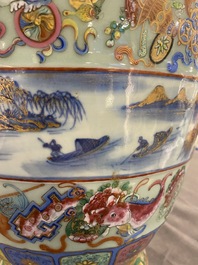 A pair of exceptional Chinese famille rose celadon-ground vases, 19th C.