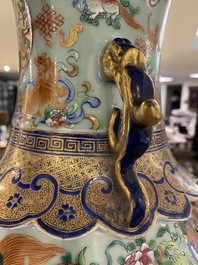 A pair of exceptional Chinese famille rose celadon-ground vases, 19th C.