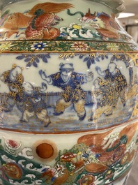 A pair of exceptional Chinese famille rose celadon-ground vases, 19th C.