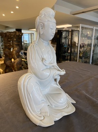 A Chinese Dehua blanc de Chine sculpture of Guanyin with a ruyi, Boji Yuren 博及漁人 mark, 19/20th C.