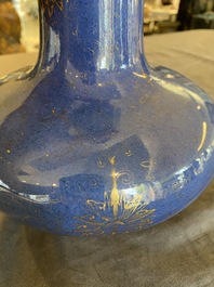A Chinese gilt-decorated powder-blue-bottle vase, Kangxi mark but probably later