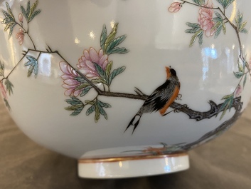 Two Chinese famille rose 'magpie and peaches' bowls, Xuantong marks but probably Republic