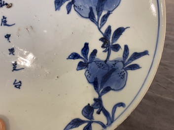 A Chinese blue and white ko-sometsuke 'peach tree and poem' dish for the Japanese market, Chongzhen