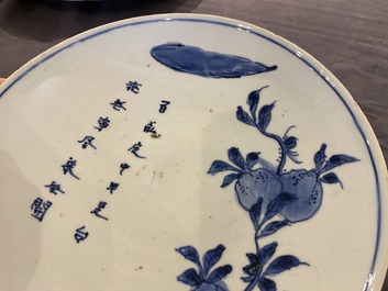 A Chinese blue and white ko-sometsuke 'peach tree and poem' dish for the Japanese market, Chongzhen