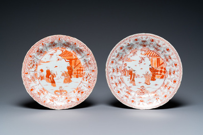 Two Chinese iron red and gilt lotus-shaped dishes, Kangxi