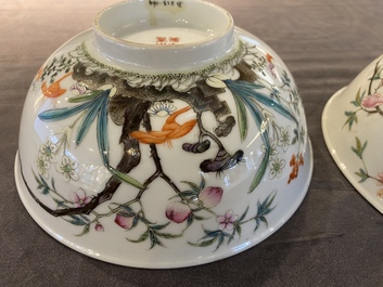 Two Chinese famille rose 'magpie and peaches' bowls, Xuantong marks but probably Republic